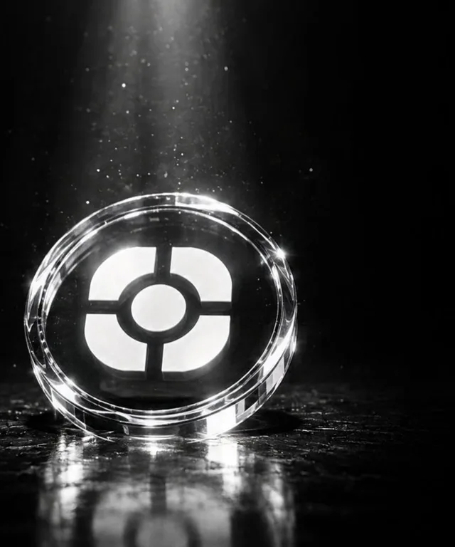 A glass coin lit from above, engraved with the FindPad mark